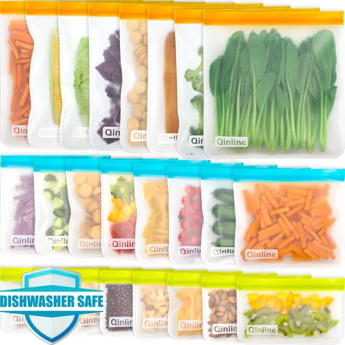 Vista 9 de Qinline Bolsas reutilizables para guardar alimentos - paquete de 24 bolsas aptas para lavavajillas, bolsas reutilizables libres de BPA