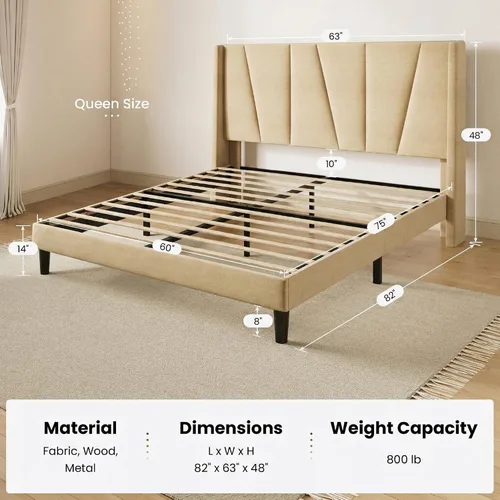 Vista 2 de SHA CERLIN Base de cama tamaño Queen con cabecera geométrica con respaldo de ala, plataforma tapizada con soporte de listones de madera, espacio