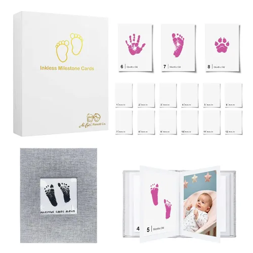 Vista 17 de Little Lullaby - Tarjetas de hitos sin tinta para manos y huellas, kit de almohadilla de tinta para recuerdos para bebé recién nacido (paquete de 6)