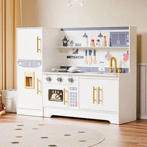 Vista 9 de JOYMOR Juego de Cocina Infantil, Cocina para Niños Pequeños con Fregadero de Cocina y Abundantes Accesorios de Cocina, Ideal para el Juego Creativo