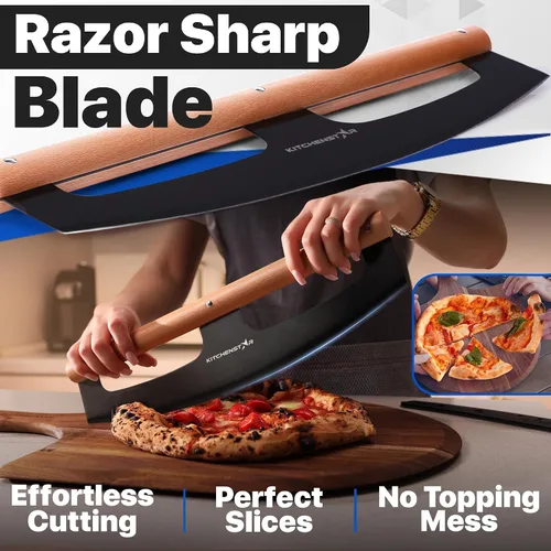 Vista 3 de KitchenStar Cuchilla de corte de pizza de 16 pulgadas, cuchillo cortador de acero inoxidable afilado, elegante mango de madera de haya, cubierta