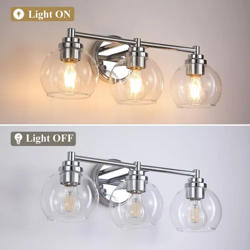 Vista 7 de Lámparas de baño de 3 luces, moderna lámpara de tocador con pantalla de cristal de globo, luces de baño cromadas plateadas sobre espejo, luces