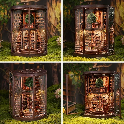Vista 7 de Juego de anillos de sabiduría para adultos, kit de rincón de libros de madera 3D con luces LED, decoración de biblioteca de rompecabezas