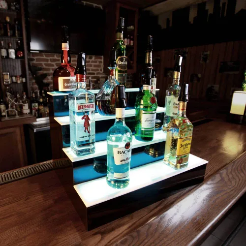 Vista 2 de BARCONIC® Estante de exhibición LED para botellas de licor, perfil bajo, 4 niveles (escalón), 18 pulgadas