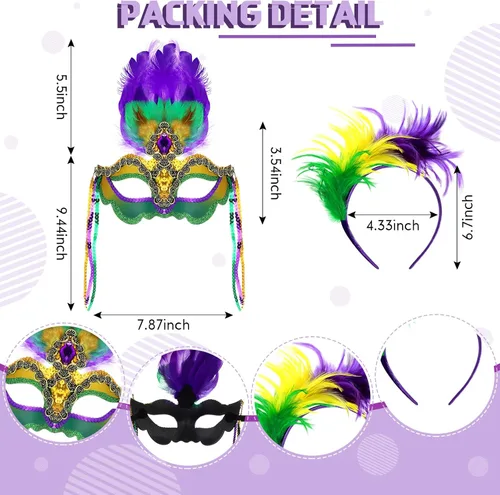 Vista 2 de Juego de 9 accesorios para disfraz de Mardi Gras, incluye collares de cuentas de Mardi Gras, plumas a granel, tocados de boas, diadema con plumas