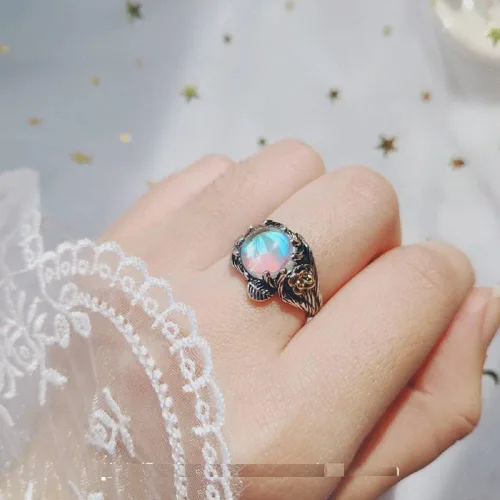 Vista 5 de Anillo de compromiso único con ramita floreciente, arco iris, piedra lunar, para mujer, estilo victoriano, joyería de plata tailandesa (talla 8)