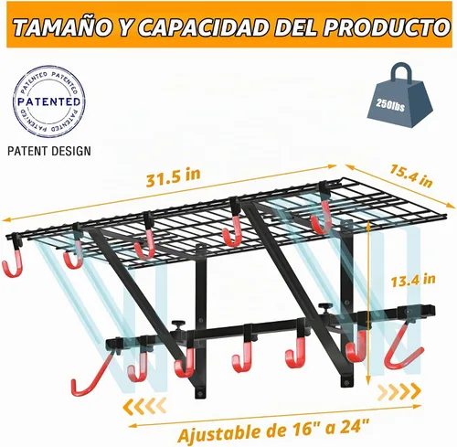Vista 6 de PLKOW Estantería de pared de garaje, paquete de 4 unidades, incluye ganchos para bicicleta, estante de garaje ajustable y resistente organizador
