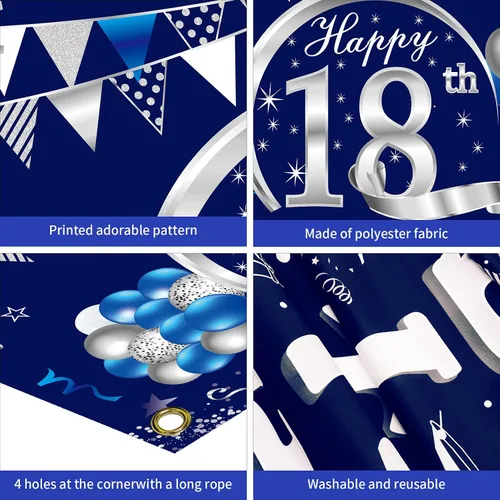 Vista 6 de Cartel de cumpleaños número 18 azul y plateado para hombres y niños, suministros de fiesta de telón de fondo de feliz cumpleaños de 18 años, póster