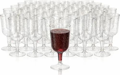 Vista 10 de MATANA 100 copas de vino de plástico, purpurina dorada de 6 onzas – Copas de vino doradas – Copas de vino – Cálices de plástico elegantes