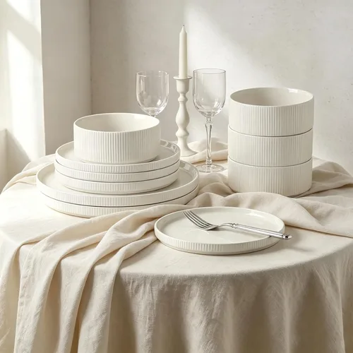Vista 2 de Stoneware Dinnerware Sets for 4, 12Pcs Plates and Bowls Set, Cream White