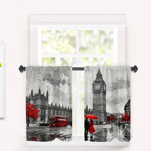 Vista 53 de Cortinas opacas de cocina con pintura al óleo de Europa rosa y negra para ventanas, cenefas opacas modernas de torre Eiffel de poliéster multicapa