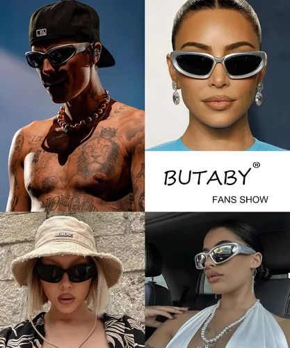 Vista 6 de BUTABY Gafas de sol envolventes de moda para mujeres y hombres ovaladas futuristas oscuras para deportes al aire libre protección UV400