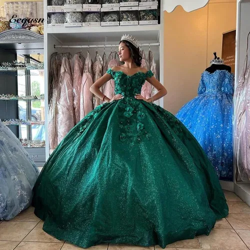 Vista 5 de Youjiayi Vestidos de quinceañera florales 3D para mujer, vestidos largos de tul hinchados, vestidos de baile de graduación con hombros descubiertos