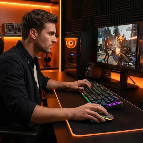 Vista 7 de Combo de teclado y mouse inalámbricos para juegos, batería recargable con retroiluminación LED, teclado de tacto mecánico ultra compacto, ratones