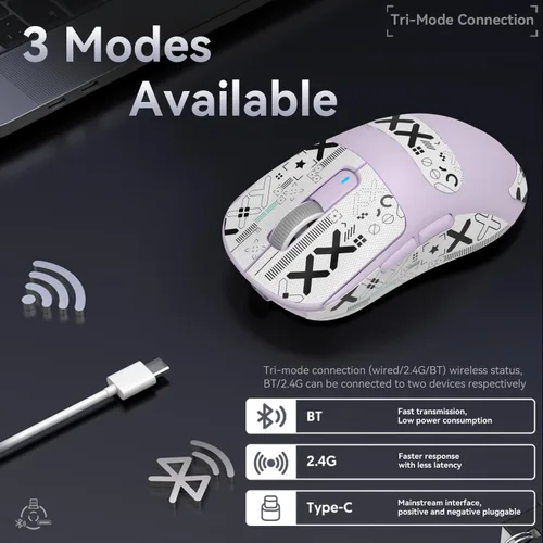Vista 4 de ATTACK SHARK X3 Mouse inalámbrico para juegos, 1.73 oz Bluetooth2.4GUSB-C, mouse ergonómico para computadora, sensor PAW3395 26K DPI, duración