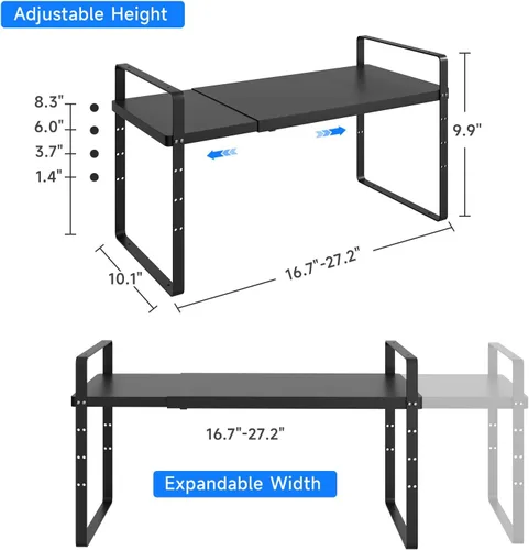 Vista 2 de Organizador de estante expandible para gabinete, almacenamiento apilable para mostrador de despensa de cocina, soporte ajustable para armario, Negro