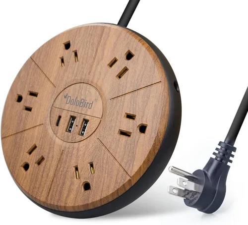 Vista 9 de Regleta protectora contra sobretensiones, 6 salidas de CA con 3 puertos USB, estación de carga, cable de extensión largo, enchufe plano de ángulo