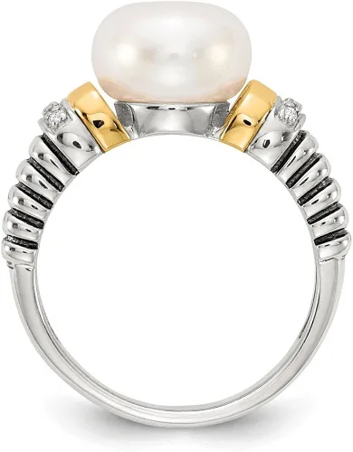 Vista 2 de Anillo de plata de ley 925 maciza con diamantes de oro amarillo de 14 k y perlas cultivadas de agua dulce (.03 cttw.)