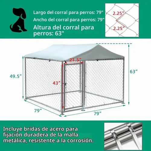 Vista 6 de VIVIJASON Jaula para perros grande para exteriores, resistente, con eslabones de cadena galvanizados, corralito exterior con cubierta impermeable