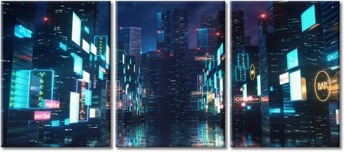 Vista 14 de Arte de pared de 3 piezas de escena de ciencia ficción de la calle comercial futurista paisaje urbano, decoración de pared para dormitorio