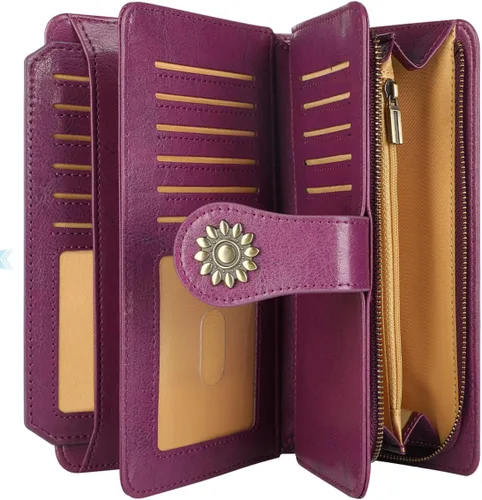 Vista 3 de Lavemi - Cartera de piel con bloqueo RFID para mujer, de gran capacidad, para llevarla a la muñeca