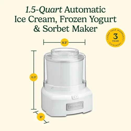 Vista 7 de Máquina para hacer helado Cuisinart, máquina de 1.5 cuartos con doble aislamiento, para sorbete y yogur helado, lista en 20 minutos, ICE-21P1, blanca