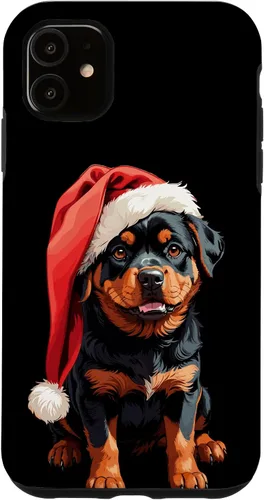 Vista 5 de iPhone 15 Divertido Rottweiler Navidad lindo cachorro con sombrero de Navidad caso