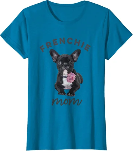Vista 73 de Camiseta Bulldog Francés para Mujer, Frenchie Mom, Flor, Negro, S