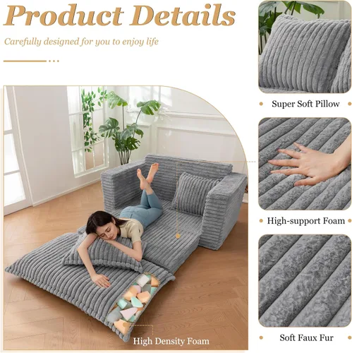 Vista 4 de Sofá Cama de Dos Plazas, Sofá Cama Convertible Sillón Futón para Sala de Estar, Sofá de Piso Extraíble 3 en 1 con Cojín y Almohadas, Gris Oscuro
