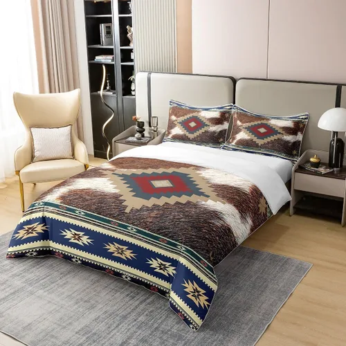 Vista 2 de jejeloiu Juego de ropa de cama azteca, tamaño King, estampado de piel de vaca occidental, funda de edredón 100% algodón para niños, funda de edredón