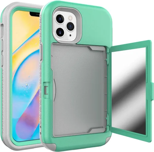 Vista 3 de Funda compatible con iPhone 14 Pro Max con espejo con tarjetero y soporte para tarjetas, bonita funda de lujo con espejo de maquillaje a la moda