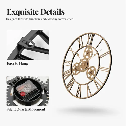 Vista 6 de Cuspin Reloj de pared de 24 pulgadas con engranajes, reloj de metal