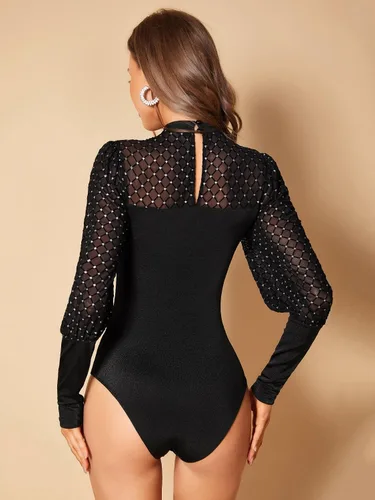 Vista 2 de SweatyRocks Body ajustado para mujer, cuello de tortuga, manga obispo, ajustado
