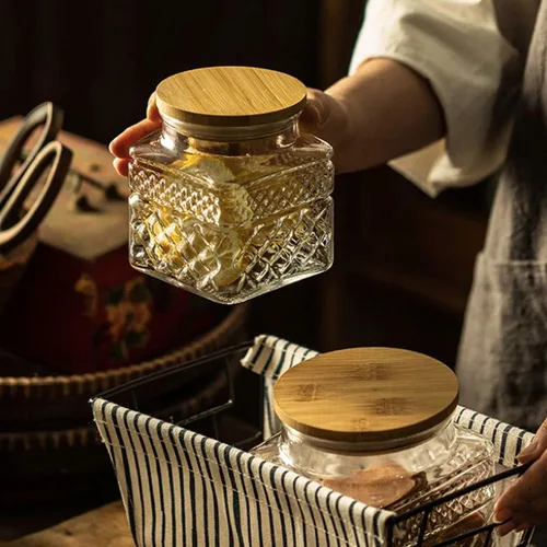 Vista 2 de Recipientes de vidrio para alimentos con tapas herméticas de bambú para dulces, aperitivos, café, galletas, frascos de vidrio, recipientes