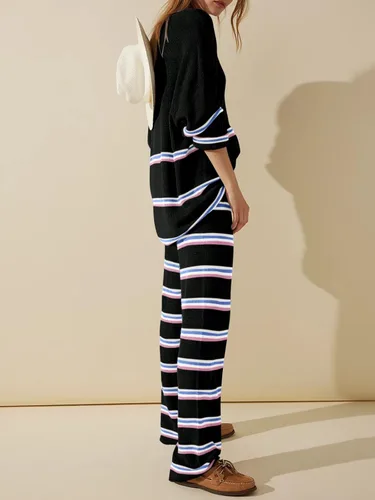 Vista 2 de Saodimallsu Conjunto de 2 piezas para mujer, suéter a rayas, de gran tamaño, de moda, para otoño, conjuntos de descanso
