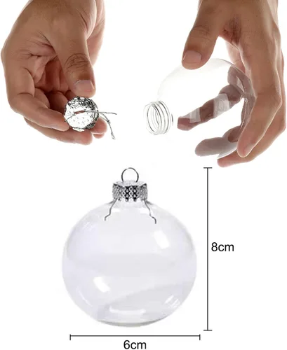 Vista 4 de DULRLLY 12 bolas de Navidad transparentes, 2.4 pulgadas, bolas de adorno de plástico transparente rellenables con una cuerda plateada y tapa