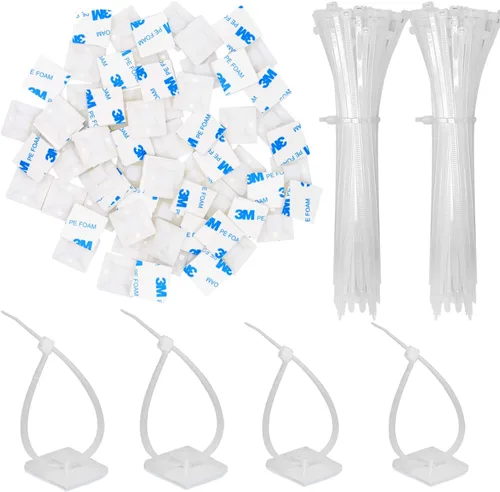 Vista 9 de Paquete de 30 unidades de bridas de 2 pulgadas con soporte adhesivo autoadhesivo, soportes de base para bridas de cable con clips de alambre