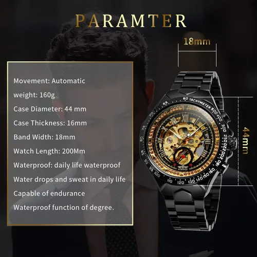 Vista 5 de IK COLOURING Reloj de pulsera mecánico de acero inoxidable con diseño steampunk, de cuerda automática con números romanos, Mecánico, cuerda