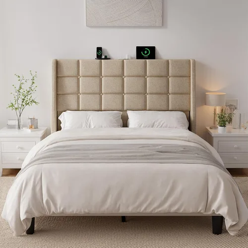 Vista 6 de Cabecera ergonómica tapizada de tamaño completo con estación de carga, cabeceros wingback de lino con bolsillo de almacenamiento, solo cabecero