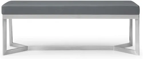Vista 3 de ZURI Moderno banco de cuero sintético gris Garland con base en ángulo de acero inoxidable cepillado