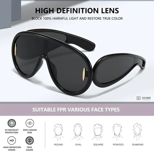 Vista 2 de Gafas de sol de aviador de gran tamaño para mujeres y hombres, máscara de onda de moda, UV400, estilo de diseñador de escudo futurista, AM051