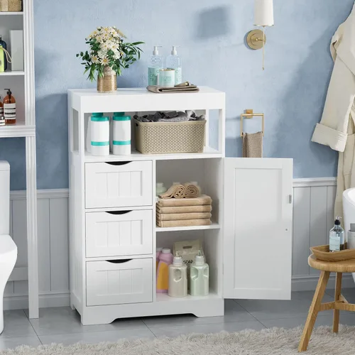 Vista 7 de JUMMICO Armario de suelo de baño, organizador de almacenamiento independiente de madera con 1 puerta y 3 cajones, armario de almacenamiento de baño