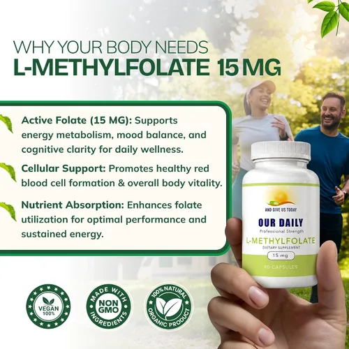 Vista 5 de Our Daily Vites, L-metilfolato de 15 mg - Suplemento activo de folato metilado 5-MTHF para mujeres y hombres - Folato de metilo para la salud