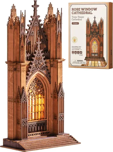 Vista 10 de Rolife Rompecabezas de madera 3D, modelo de arquitectura de catedral de geometría con luces LED, kit de construcción de manualidades para adultos