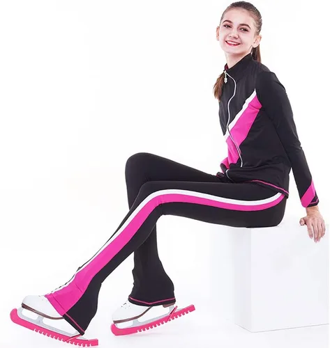 Vista 3 de LIUHUO Pantalones de patinaje artístico sobre hielo, chaqueta para niñas, leggings de forro polar rosa y negro, pantalones elásticos, trajes