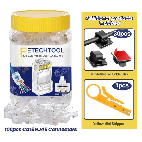 Vista 2 de Conectores de paso RJ45 Cat6, paquete de 130 conectores Ethernet Cat6 Cat5 para cable UTP sólido o trenzado, 100 conectores Cat6 Cat5e, 30 clips