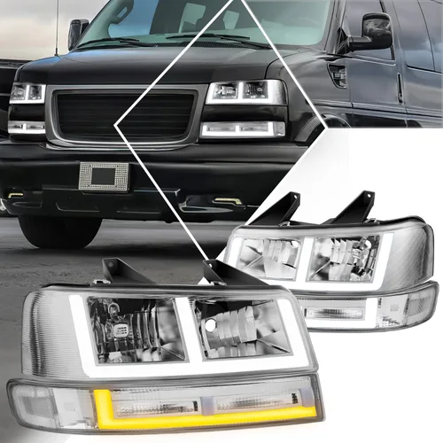 Vista 10 de PM PERFORMOTOR [4 piezas] Faros LED DRL en forma de E + lámparas de parachoques compatibles con Chevy Express 03-24/GMC Savana, carcasa Negro/ámbar.