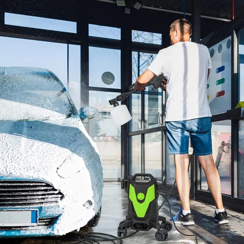 Vista 2 de Goplus Lavadora a presión eléctrica, 2400 PSI 1.7 GPM Lavadora de alta presión con 4 boquillas rápidas y ruedas universales, lavadora a presión