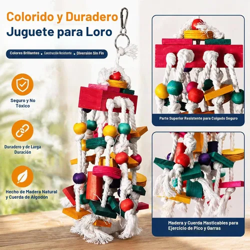 Vista 5 de Rypet Juguete grande de la jaula del loro, juguete de la mordedura de la cuerda de madera para los conures de las cac Bloques de madera natural