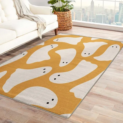 Vista 8 de Alfombras de Halloween para dormitorio, sala de estar, alfombra de tela de araña de murciélago de calabaza, 4 x 6 pies, lavable, antideslizante, Dfg2
